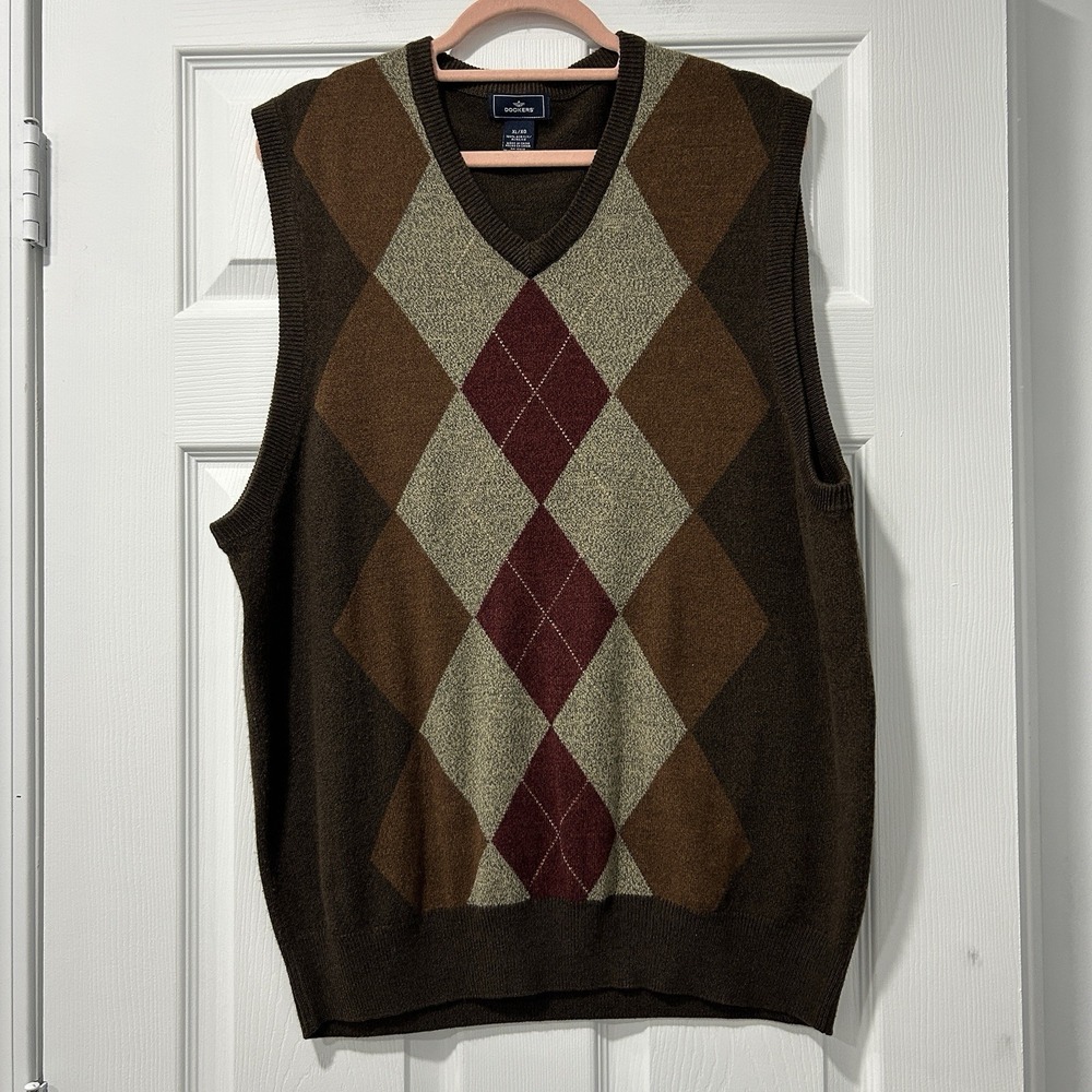 Dockers Men's XL Argyle Sweater Vest‎ 90s Grandpacore Retro Academia Neutral EUC